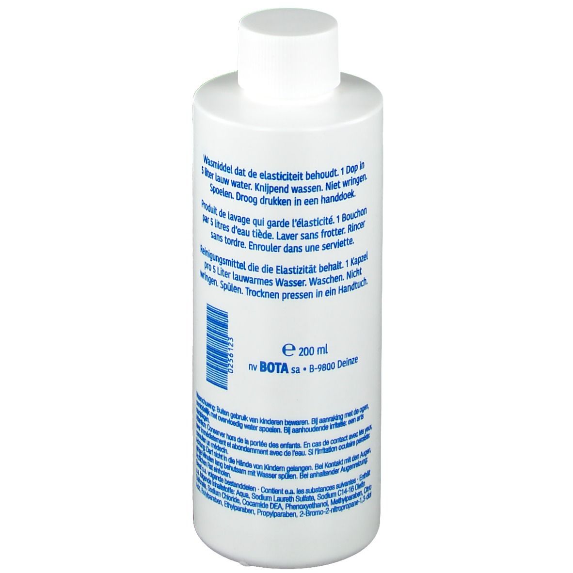 Flacone bianco con tappo bianco. Scritte e codice a barre. Testo in olandese e francese. Bota Renovelastic.