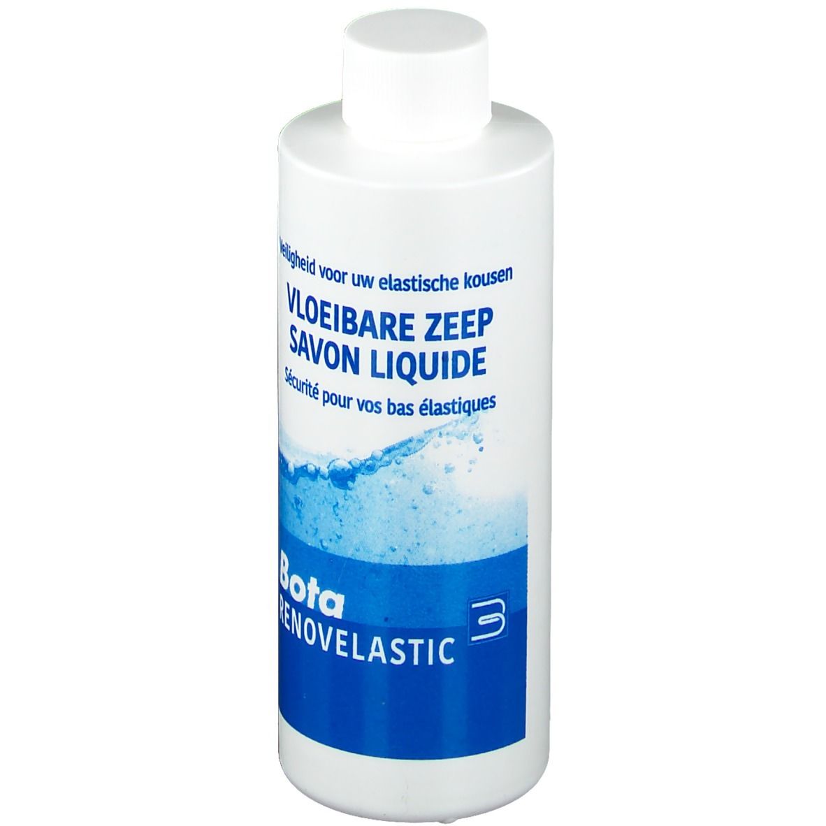 Flacone bianco con tappo bianco. Scritta: Vloeibare Zeep, Savon Liquide, Bota Renovelastic. Grafica onde blu.