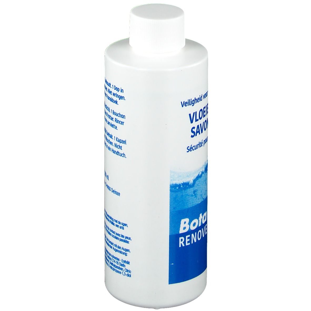 Flacone bianco con tappo bianco, etichettato "VLOER SAVON" e "Bota RENOV".
