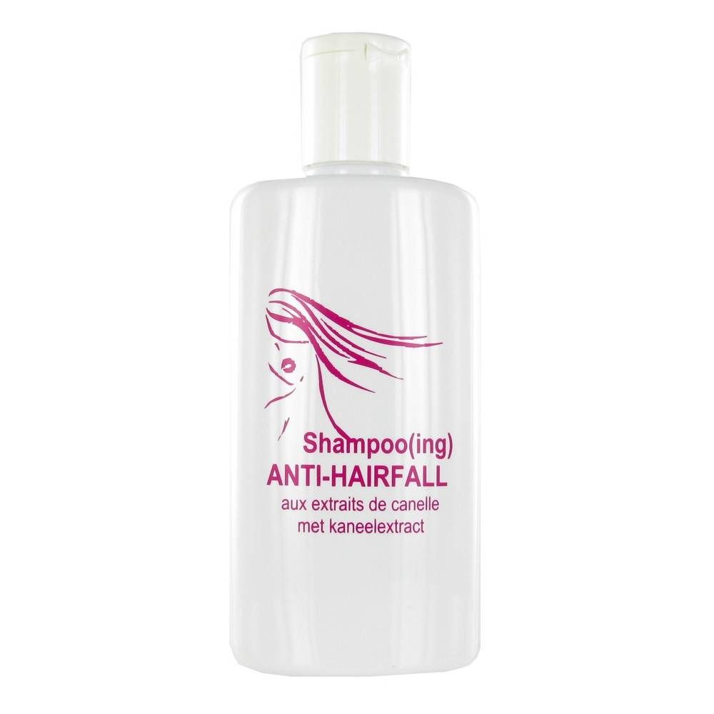 Flacone di shampoo bianco con tappo a ribalta. Stampa: donna con capelli al vento, scritta ANTI-HAIRFALL e altre informazioni.