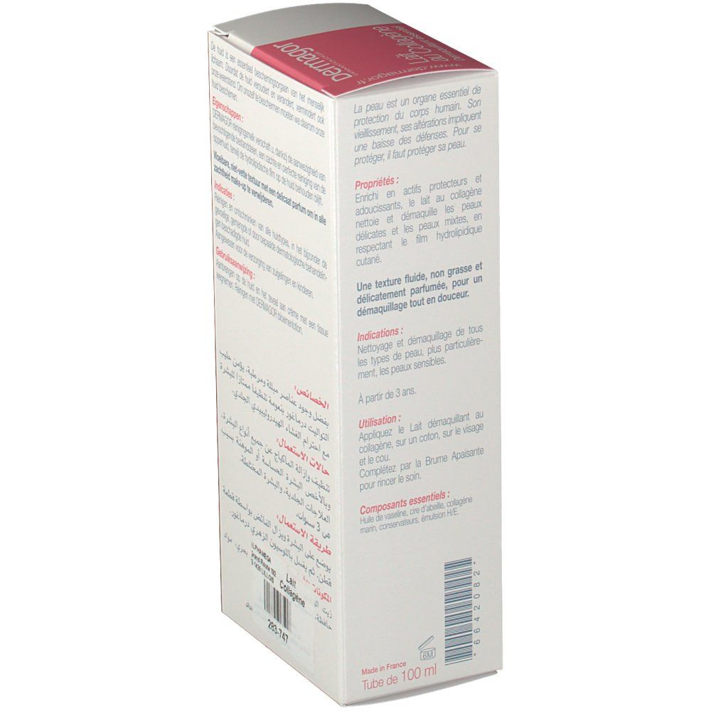 Confezione Dermagor Lait au Collagène, vista laterale. Testo multilingue. Rosa e bianco.