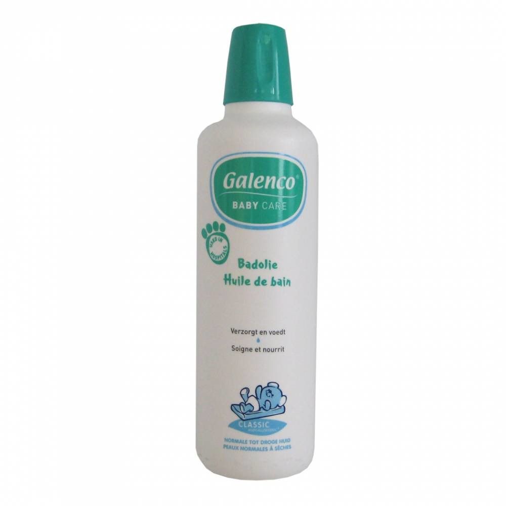 Flacone bianco con tappo verde. Scritta "Galenco BABY CARE". Denominazione del prodotto "Badolie Huile de bain".