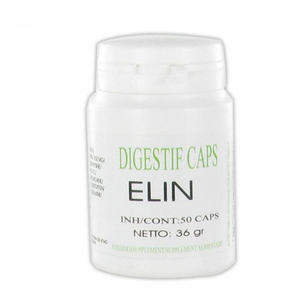 Flacone bianco con stampa verde. Scritta: DIGESTIF CAPS ELIN, 50 capsule, 36 g.