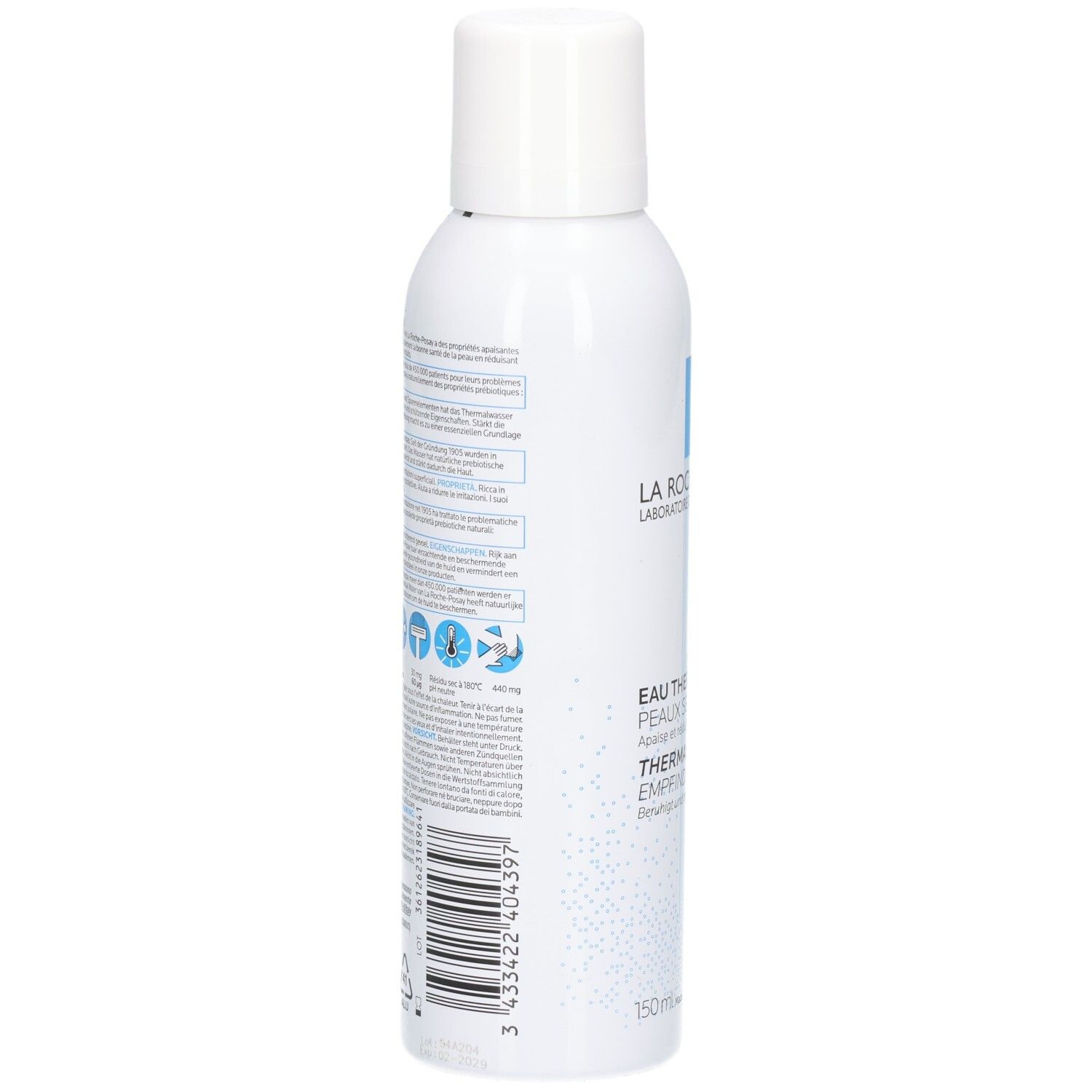 Retro della lattina di acqua termale La Roche Posay con ingredienti e istruzioni.