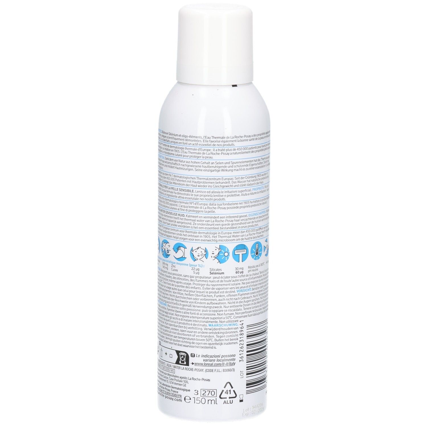 Retro della lattina di acqua termale La Roche Posay con simboli di applicazione e codice a barre.