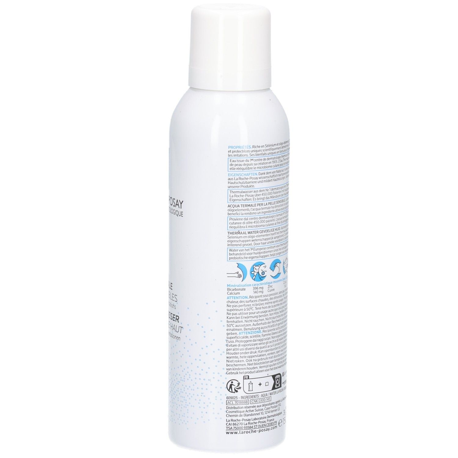 Retro della lattina di acqua termale La Roche Posay con simboli di applicazione e testo.