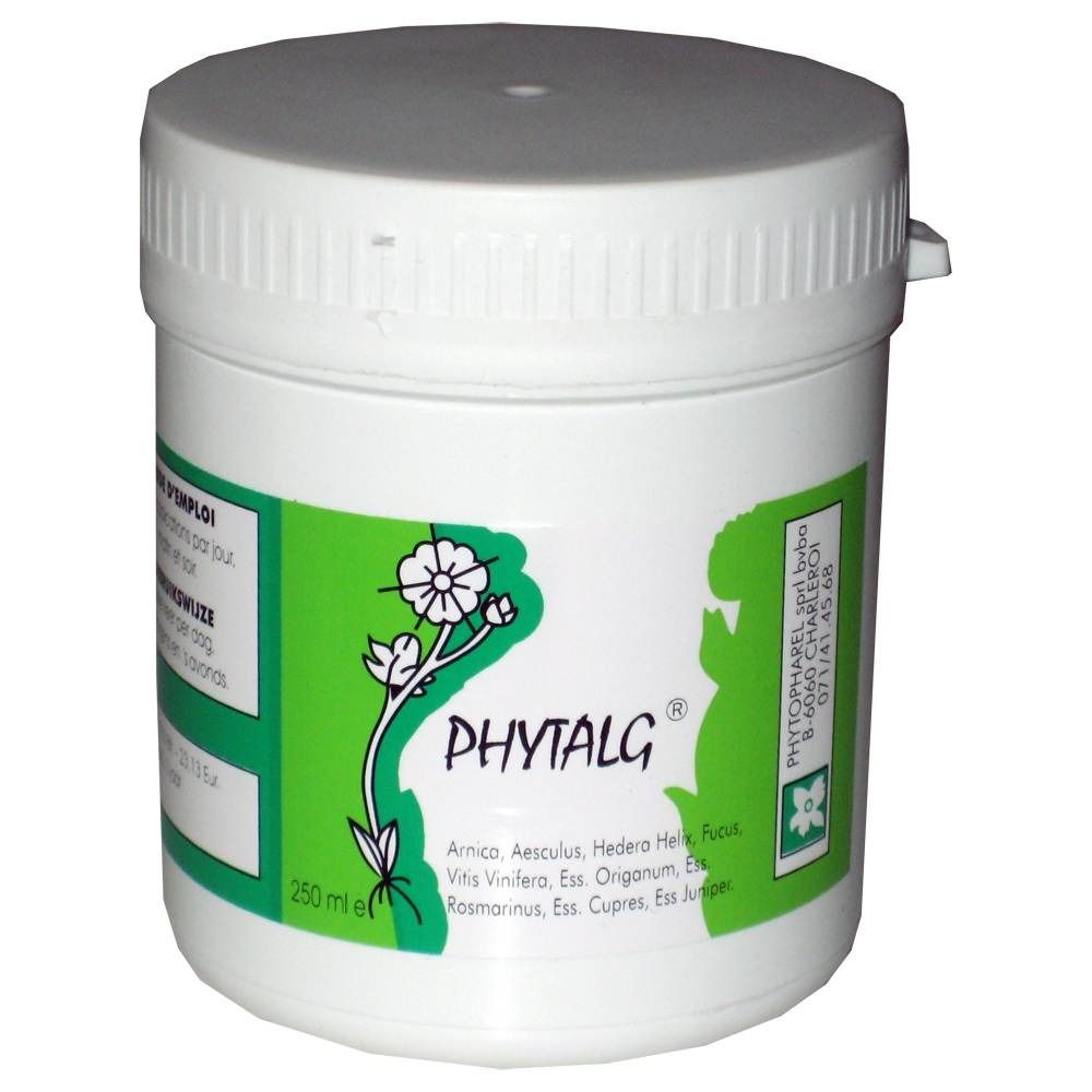 Contenitore bianco con etichetta verde. Scritta PHYTALG. Contiene 250 ml. Ingredienti e indirizzo aziendale visibili.