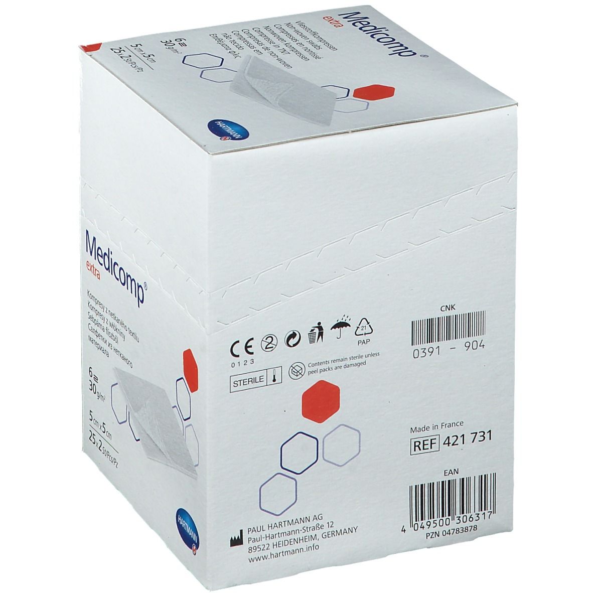 Confezione bianca con logo "Medicomp extra". Contiene compresse sterili. Produttore: Hartmann. Con codice a barre e riferimento.