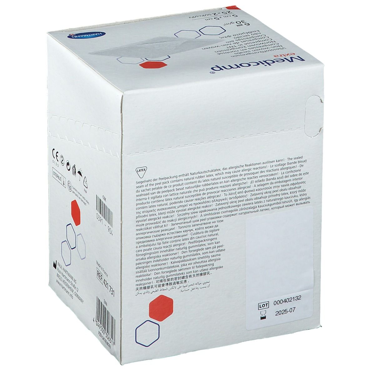 Confezione con logo "Medicomp extra". Testo multilingue. Contiene compresse sterili. Produttore: Hartmann. Con numero di lotto.