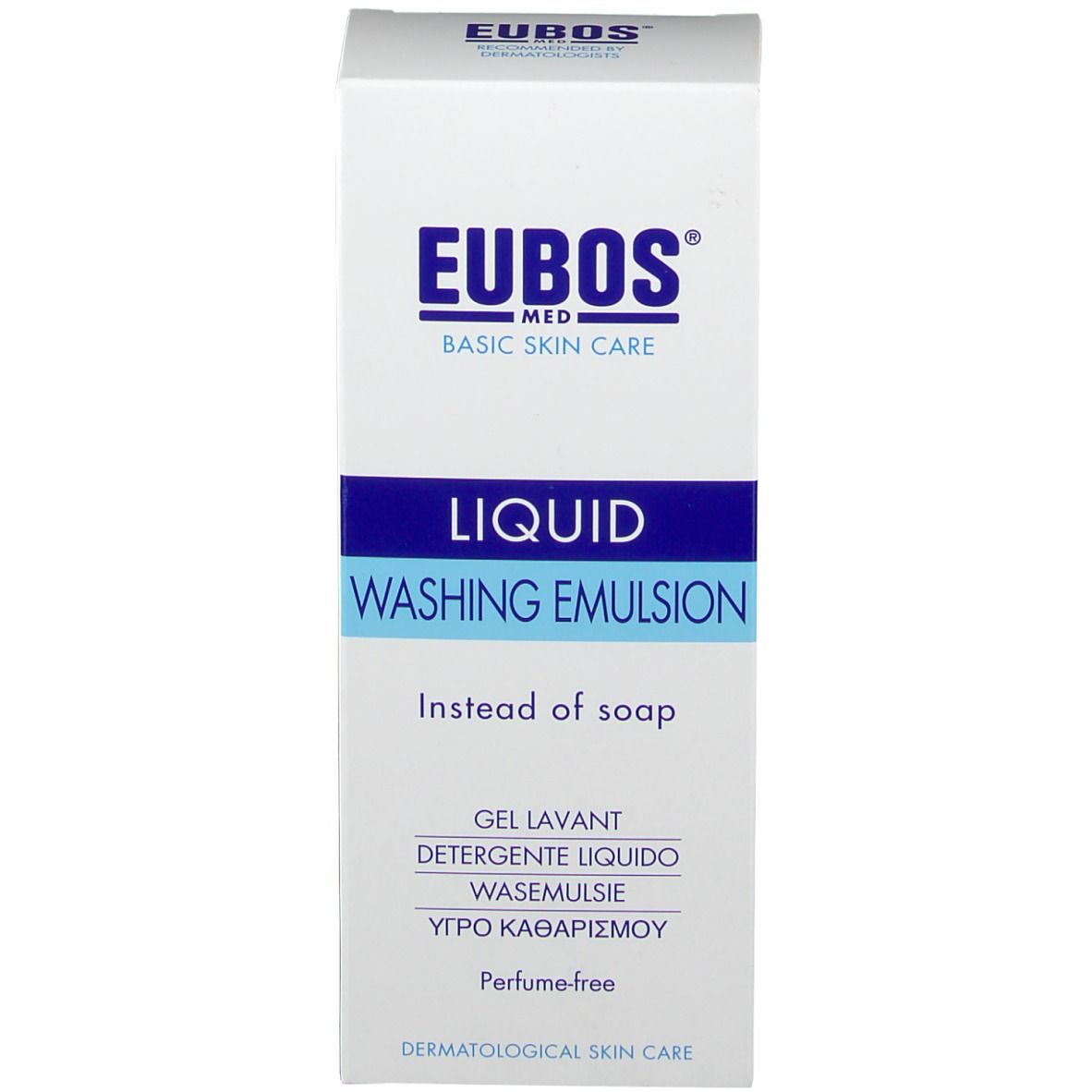 Scatola bianca con striscia blu. Scritta: EUBOS, Emulsione lavante liquida, senza profumo, testato dermatologicamente.