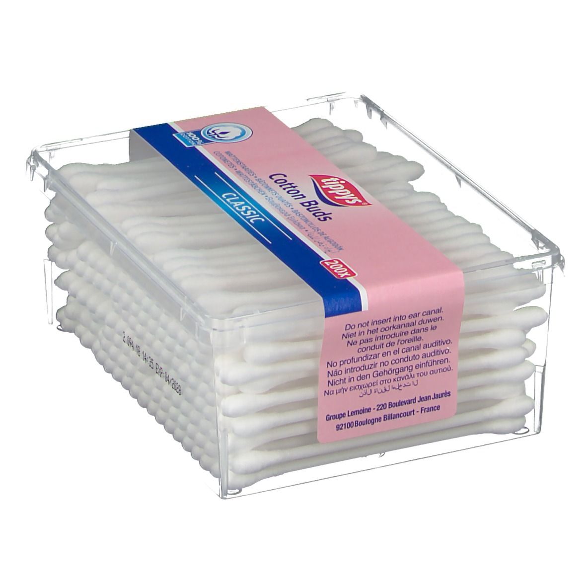 Scatola trasparente con cotton fioc. Fascia rosa con "tippys Cotton Buds Classic" e 200x. Bastoncini con cotone visibili.
