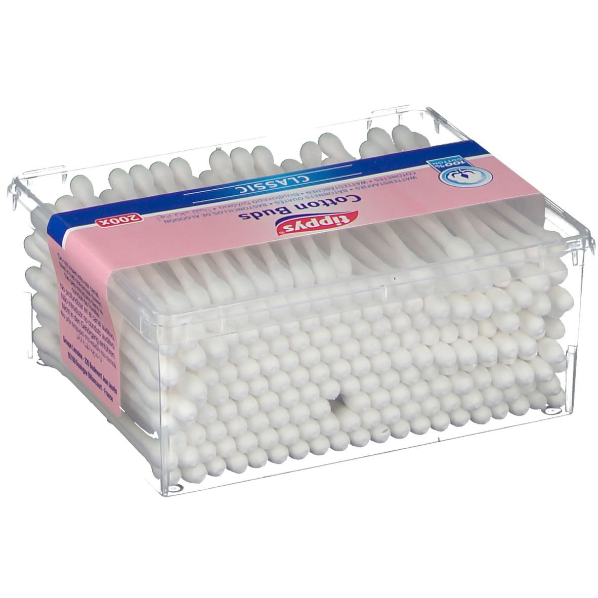 Scatola trasparente con cotton fioc. Fascia rosa con "tippys Cotton Buds Classic" e 200x. Bastoncini con cotone visibili.