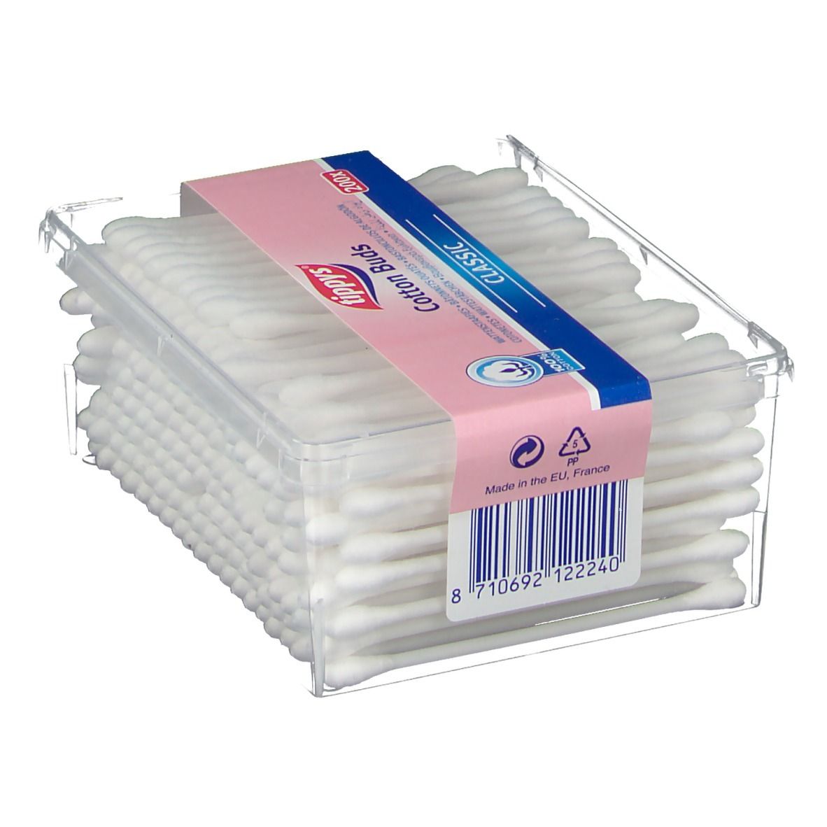 Scatola trasparente con cotton fioc. Fascia rosa con "tippys Cotton Buds Classic" e codice a barre. Bastoncini con cotone visibili.