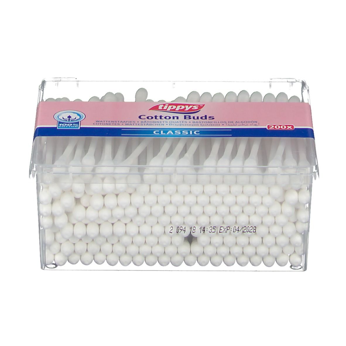 Scatola trasparente con cotton fioc. Fascia rosa con "tippys Cotton Buds Classic" e 200x. Bastoncini con cotone visibili.