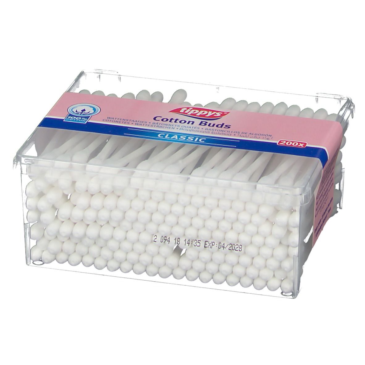 Scatola trasparente con cotton fioc. Fascia rosa con "tippys Cotton Buds Classic" e 200x. Bastoncini con cotone visibili.