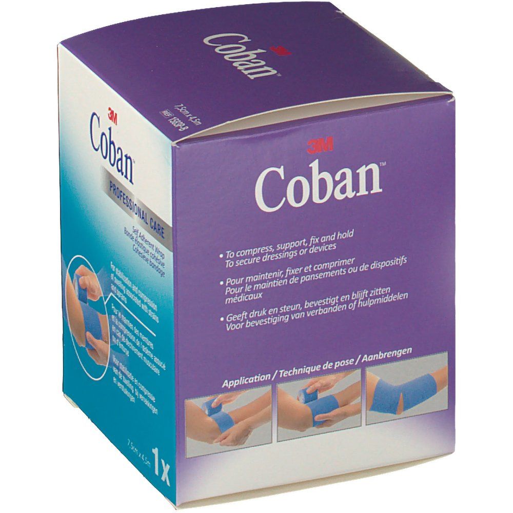Confezione di benda blu 3M Coban. Illustrazioni applicazione. Scritta: 1x. Testo multilingue.