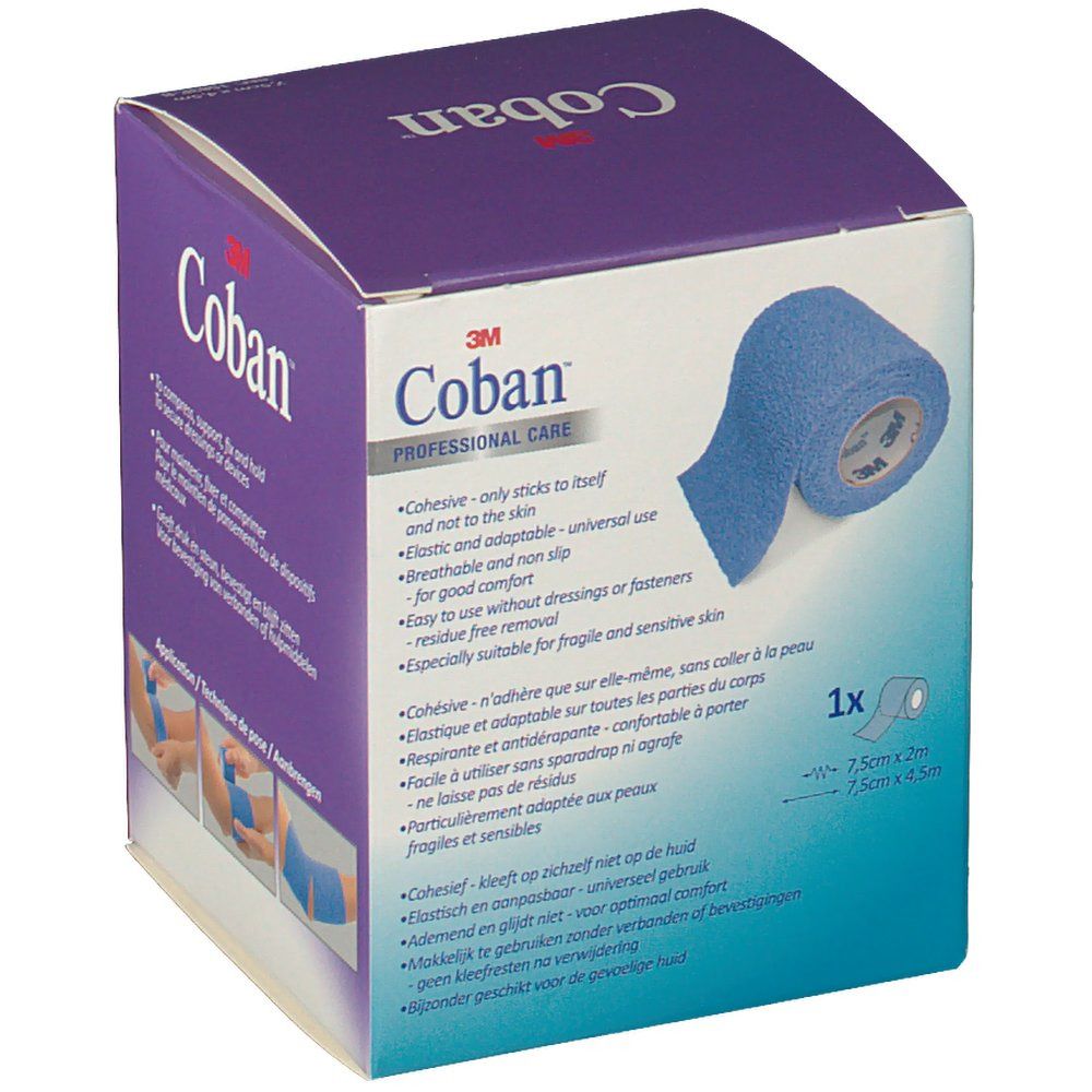 Confezione di benda blu 3M Coban. Rotolo di benda visibile. Scritta: 1x. Dimensioni: 7,5cm x 4,5m.