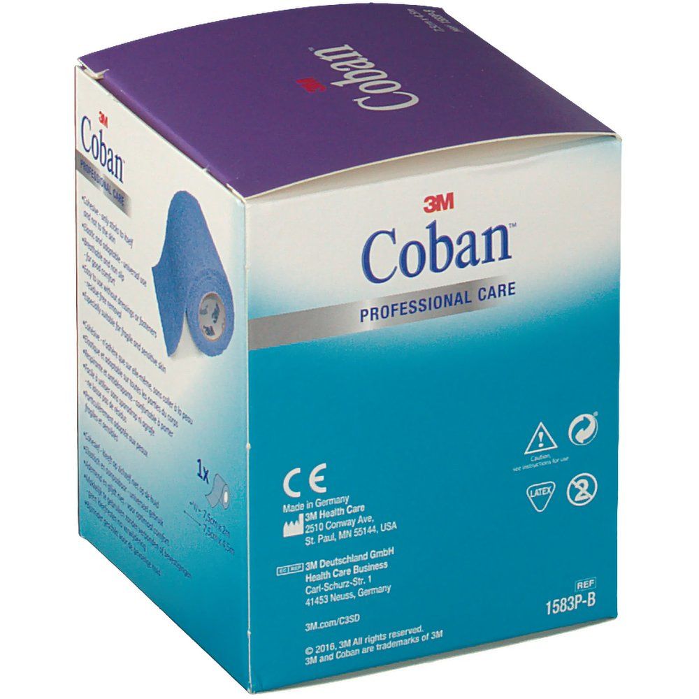 Confezione di benda blu 3M Coban. Marchio CE. Informazioni produttore. Scritta: 1x.