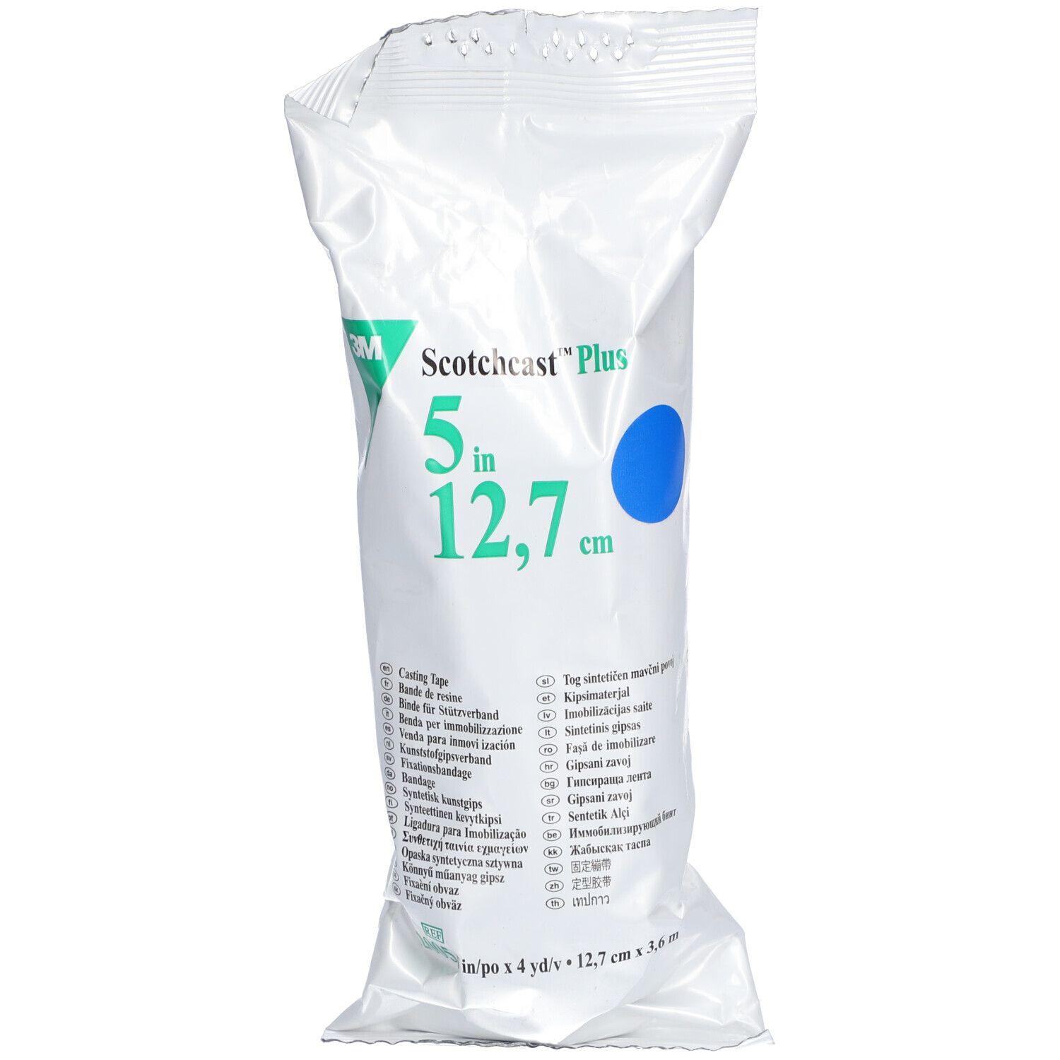 Confezione di benda blu. Scritta: Scotchcast Plus, 5 in, 12,7 cm. Logo 3M. Testi multilingue.