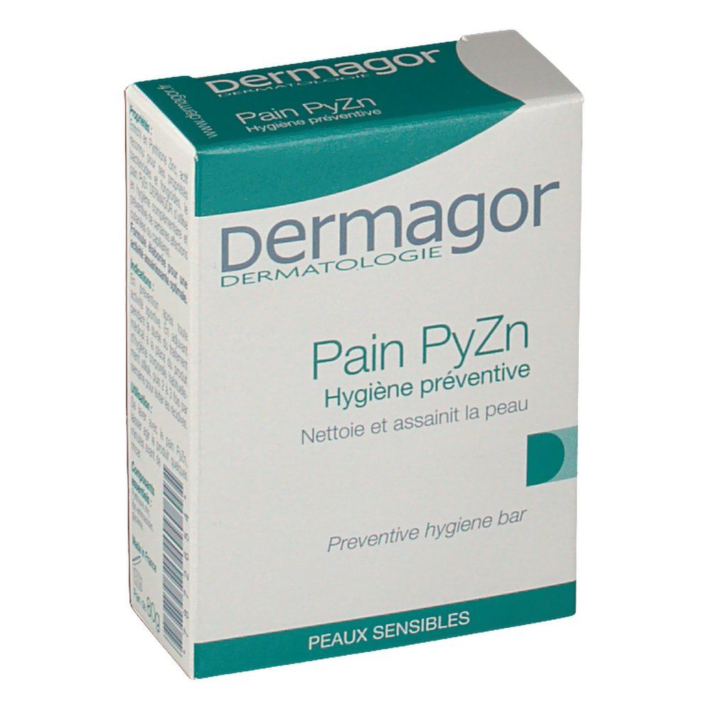 Scatola bianca e verde. Scritto: Dermagor, Pain PyZn, Hygiène préventive. Per pelli sensibili.
