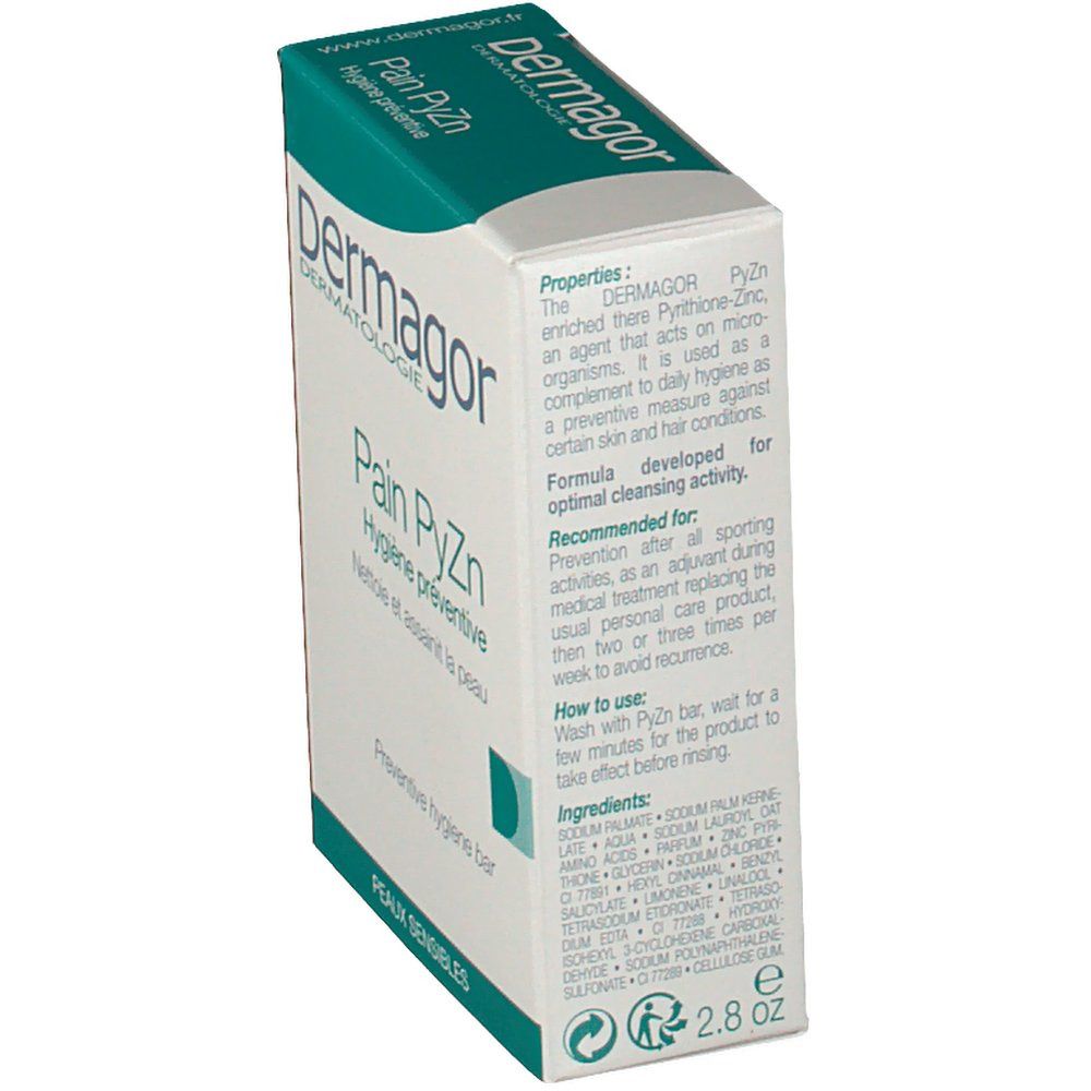 Scatola bianca e verde. Testo: Dermagor, Pain PyZn, ingredienti, istruzioni per l'uso. 2.8g.
