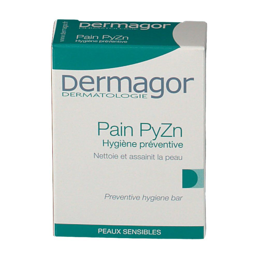 Scatola bianca e verde. Scritto: Dermagor, Pain PyZn, Hygiène préventive. Per pelli sensibili.