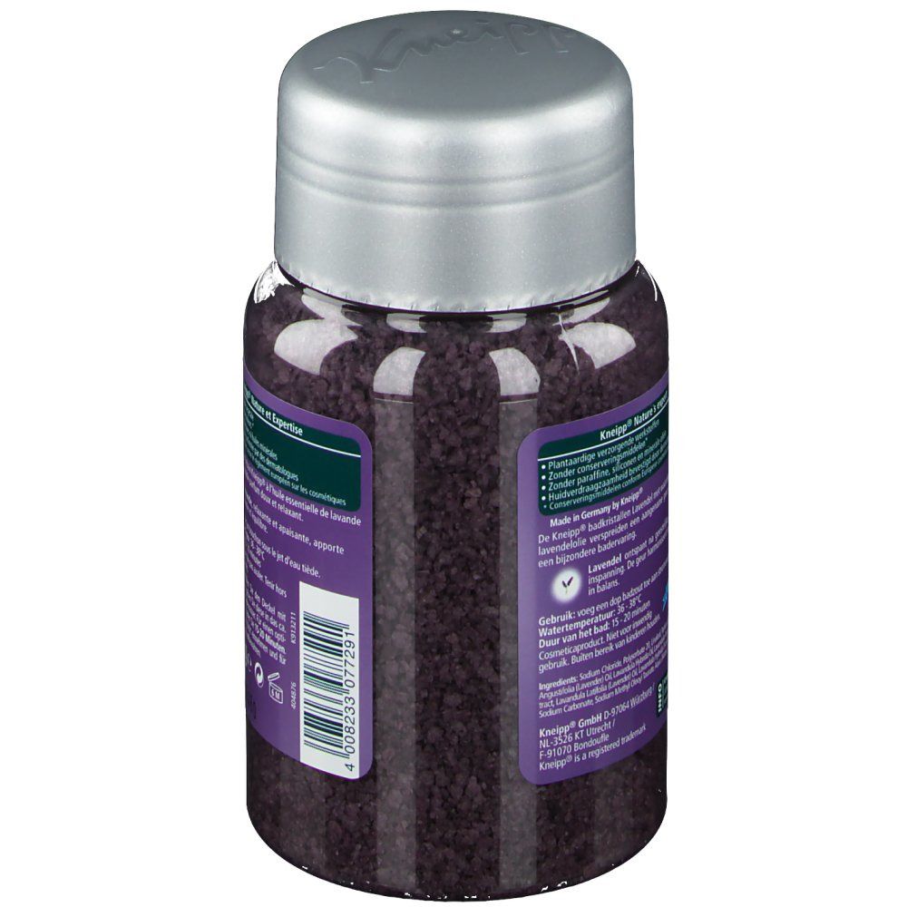 Cristalli da bagno Kneipp Lavanda. Contenitore viola con coperchio argentato. Vista posteriore con informazioni e codice a barre.