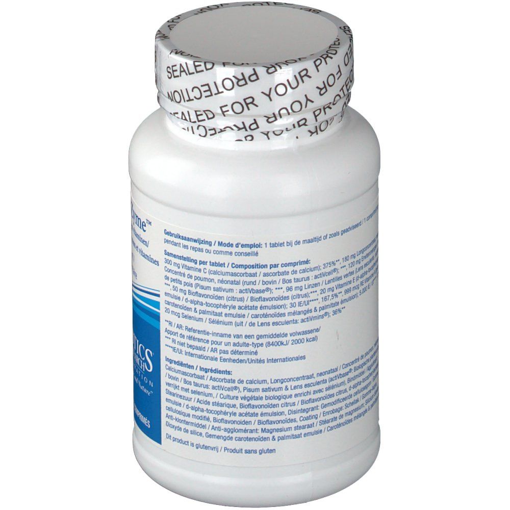 Retro di un flacone di compresse bianco. Scritta con ingredienti e informazioni del produttore. Tappo a vite.