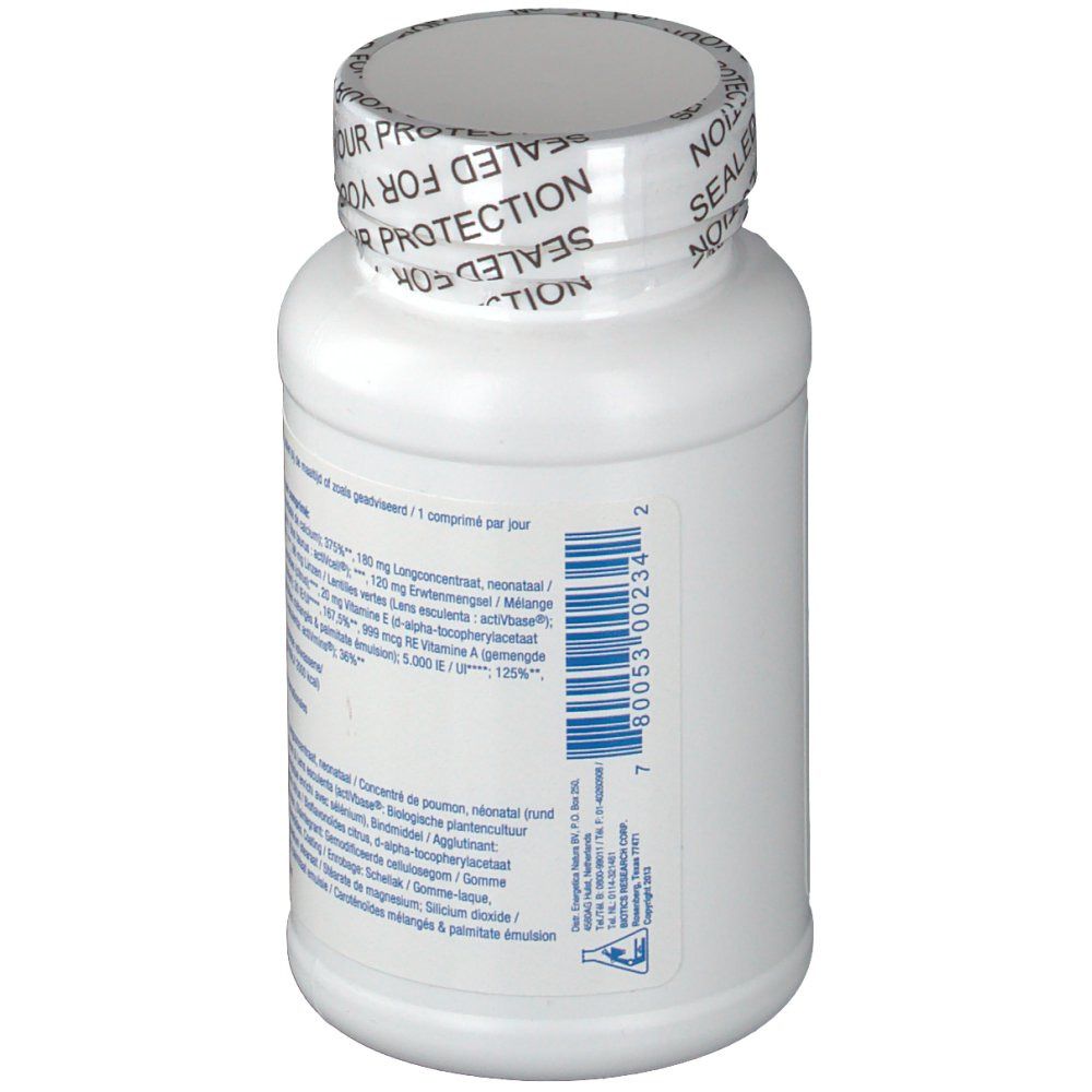 Flacone di compresse bianco, vista laterale. Scritta con ingredienti e informazioni del produttore. Tappo a vite.