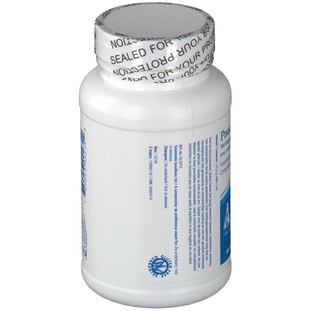 Flacone di compresse bianco, vista laterale. Scritta con informazioni del produttore. Tappo a vite sigillato.