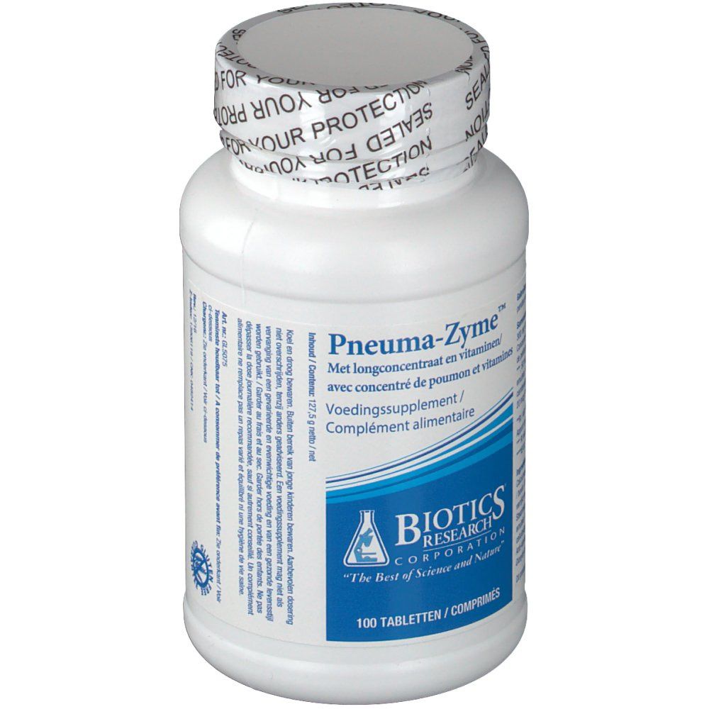 Flacone bianco di compresse con tappo a vite. Scritta: Pneumazyme, Biotics Research Corporation. 100 compresse.