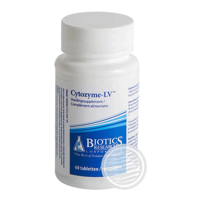 Flacone bianco di compresse. Scritta: Cytozyme-LV, Biotics Research Corporation. 60 compresse. Etichetta blu e bianca.