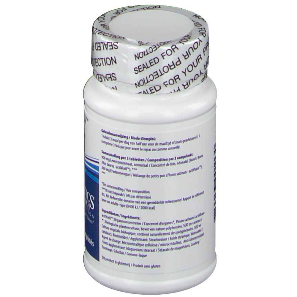 Vista posteriore di un flacone bianco di compresse. Scritta: Biotics Research. Informazioni sugli ingredienti e l'uso. Tappo con scritta.
