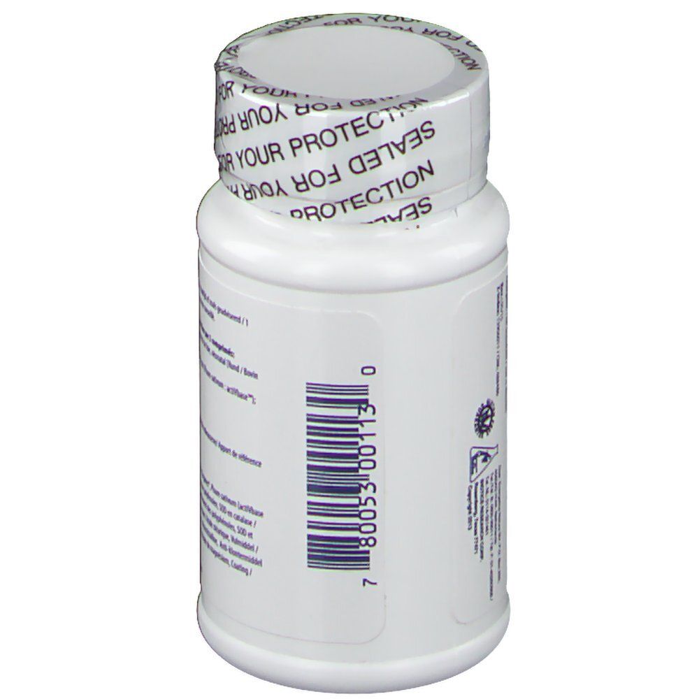 Retro di un flacone bianco di compresse. Codice a barre e informazioni. Tappo con scritta: SEALED FOR YOUR PROTECTION.