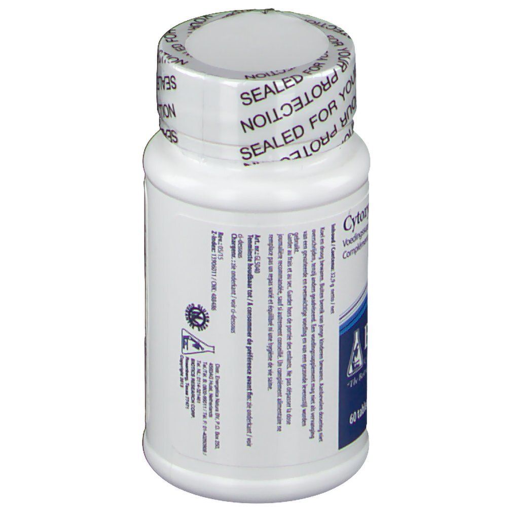 Flacone bianco di compresse. Scritta: Cytozyme-LV, Biotics Research. 60 compresse. Etichetta blu e bianca. Tappo con scritta.