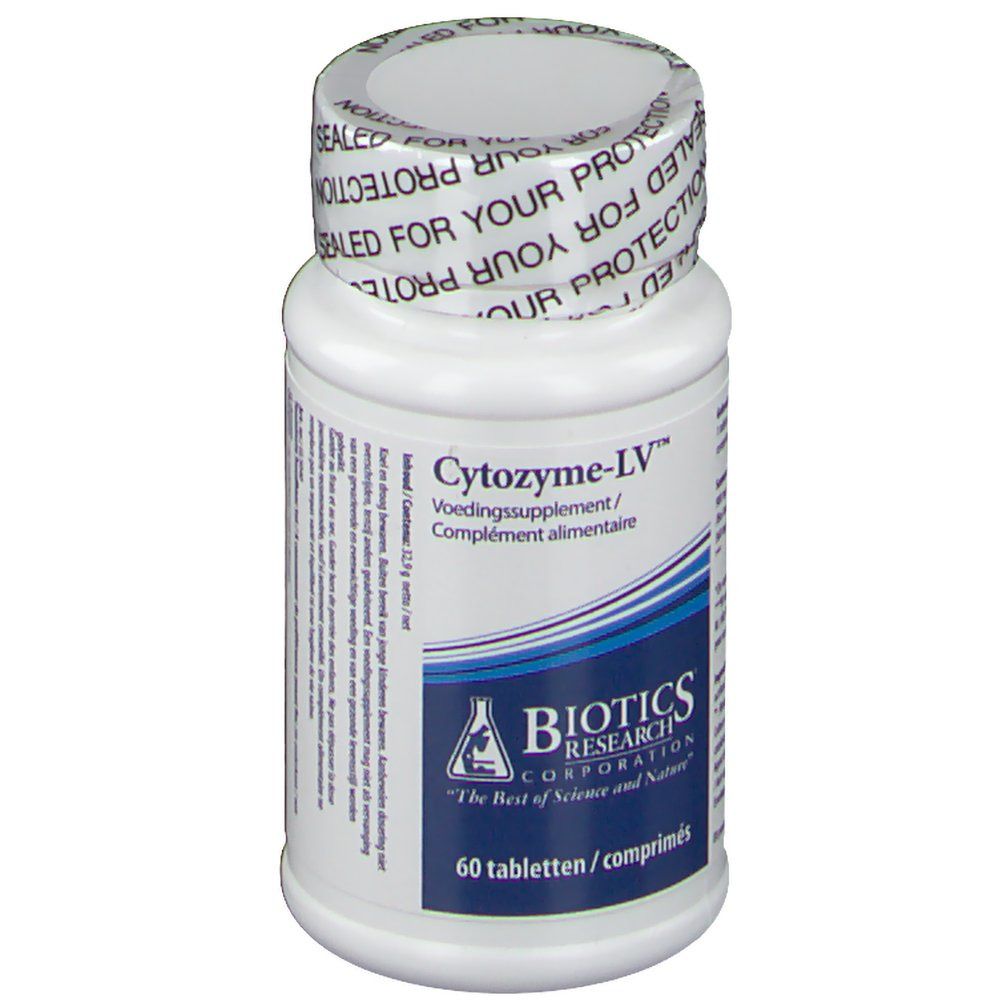 Flacone bianco di compresse. Scritta: Cytozyme-LV, Biotics Research Corporation. 60 compresse. Etichetta blu e bianca. Tappo con scritta.