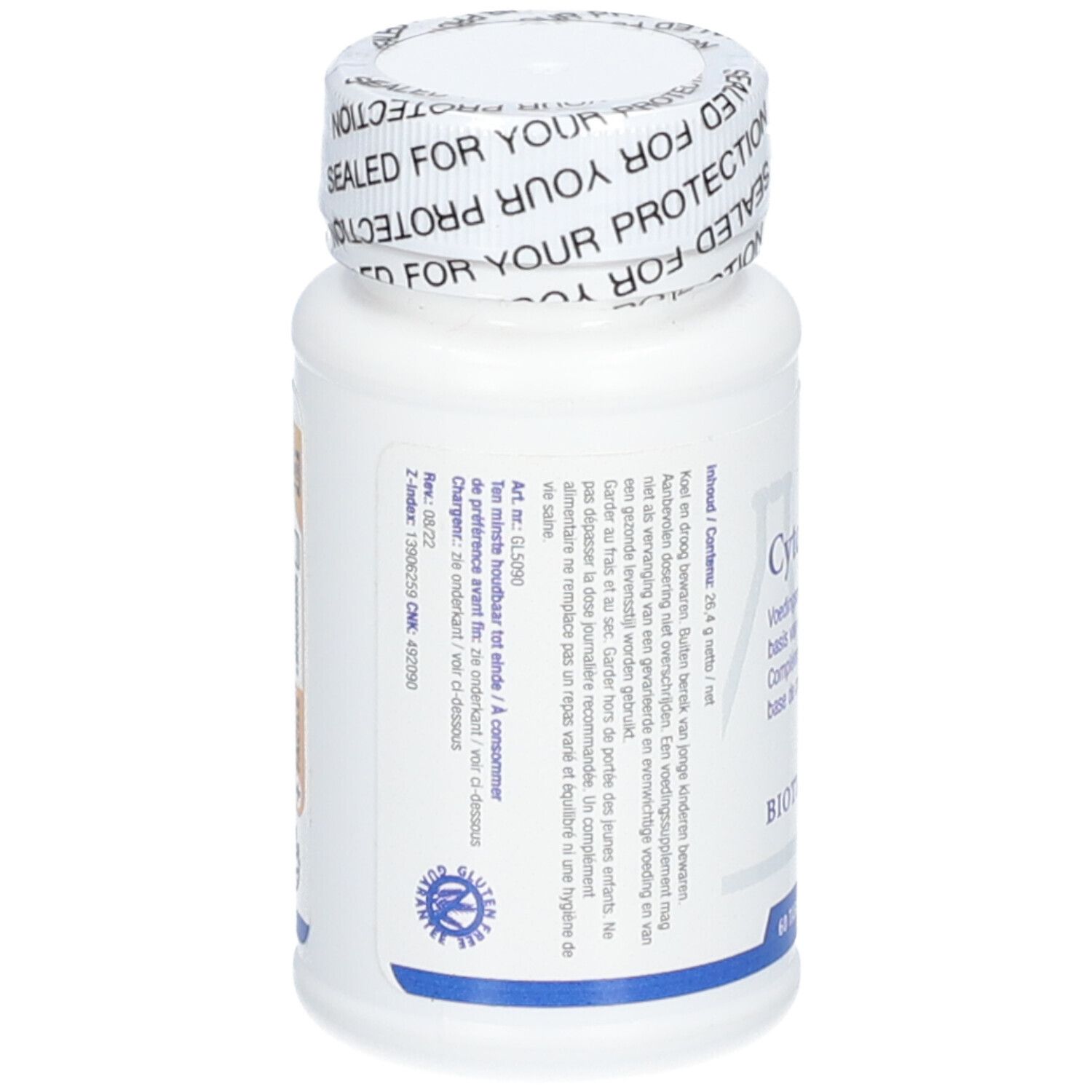 Retro del flacone bianco. Testo multilingue. Scritta Biotics Research. Tappo con scritta 'SEALED FOR YOUR PROTECTION'.