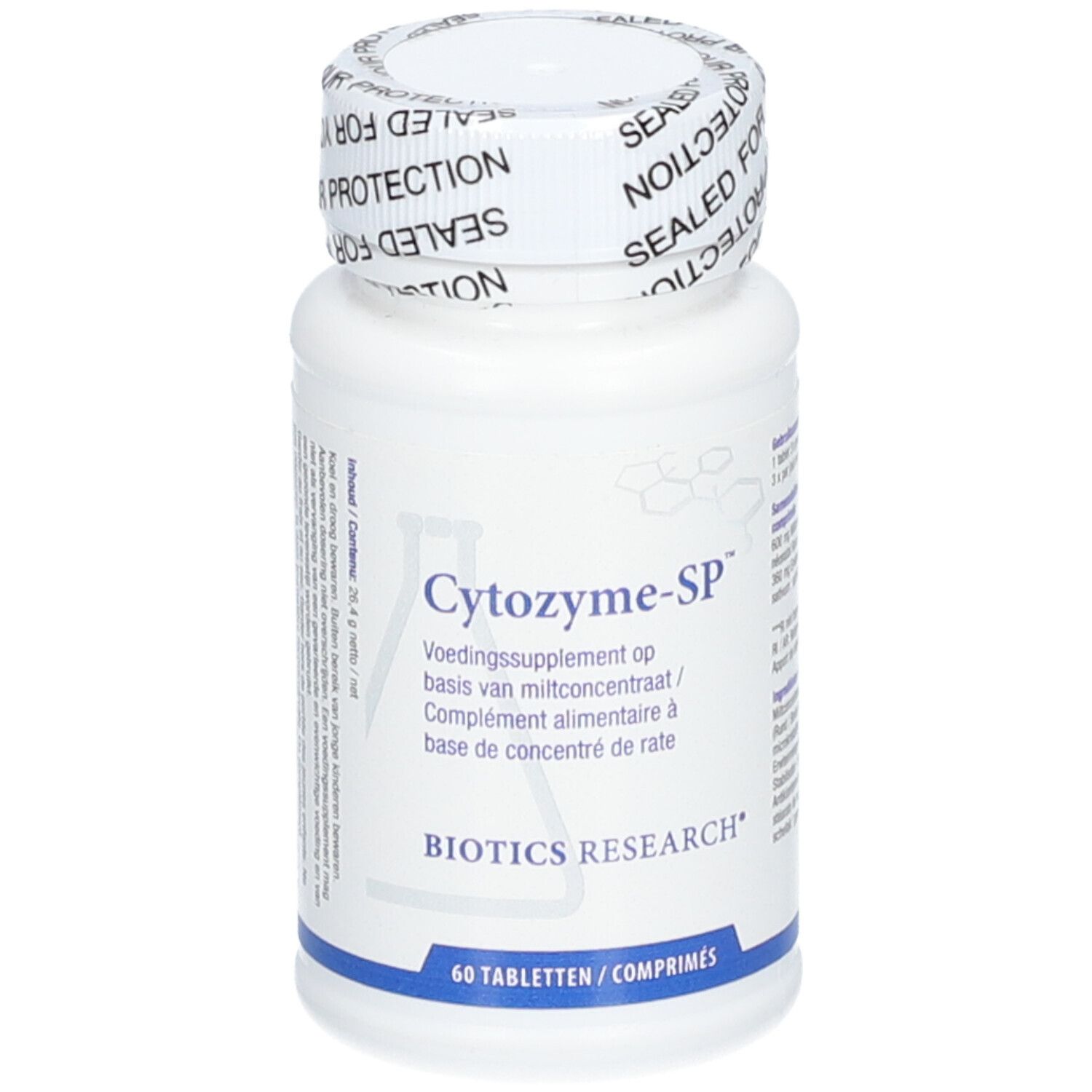 Flacone bianco con etichetta Cytozyme-SP. Scritta Biotics Research. 60 compresse. Tappo con scritta 'SEALED FOR YOUR PROTECTION'.