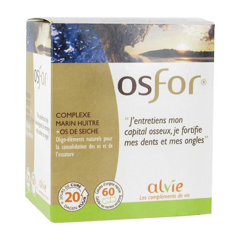 Confezione "Osfor". Testo: "Complexe Marin Huître + Os de Seiche". 60 capsule. Logo "Alvie".