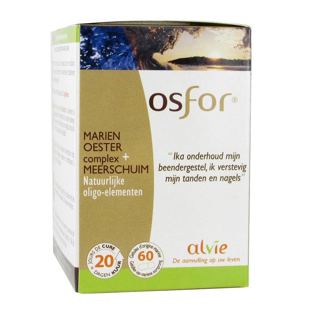 Confezione "Osfor". Testo: "Complexe Marin Huître + Os de Seiche". 60 capsule. Logo "Alvie".