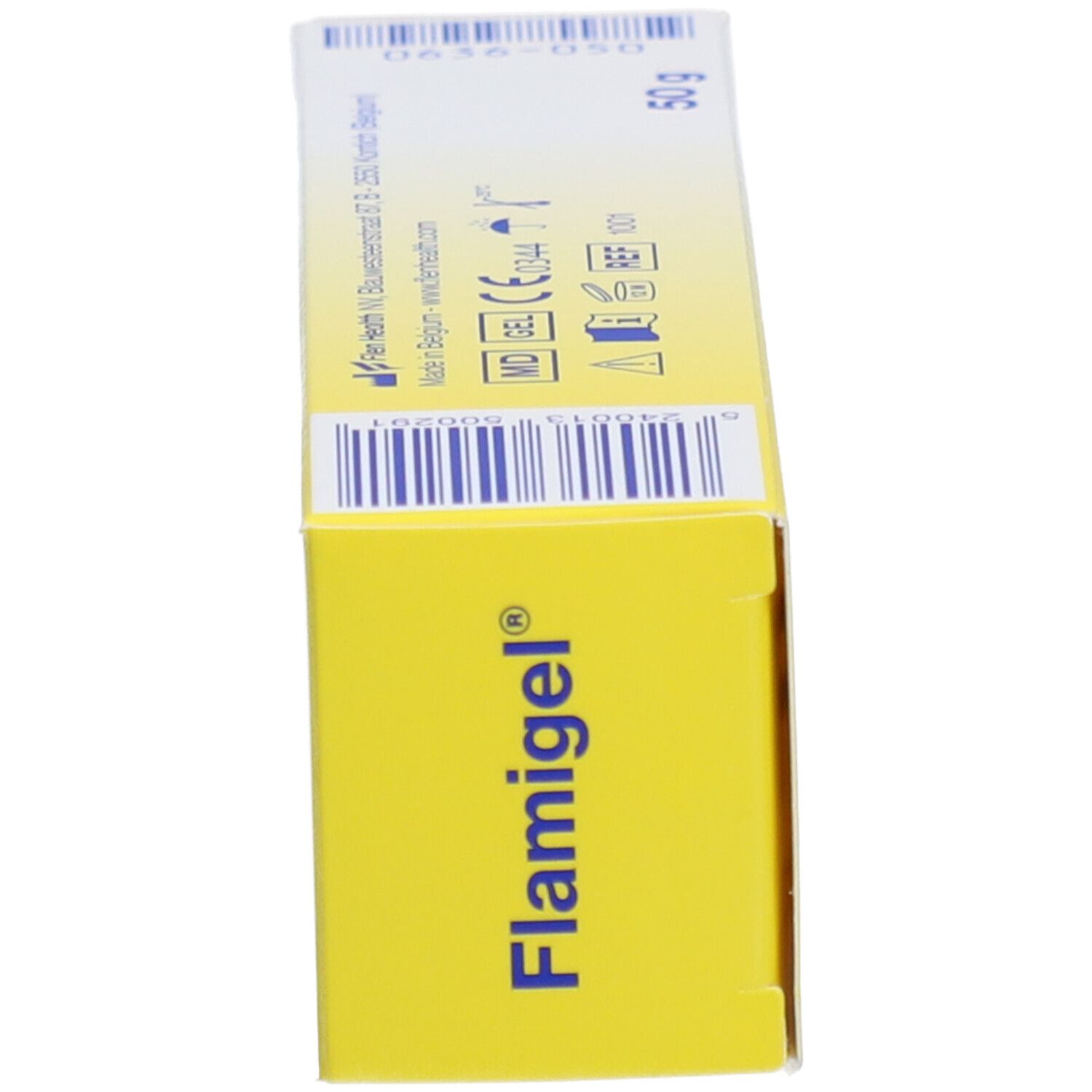 Scatola Flamigel®, vista laterale. Scatola di gel con logo a punto rosso.