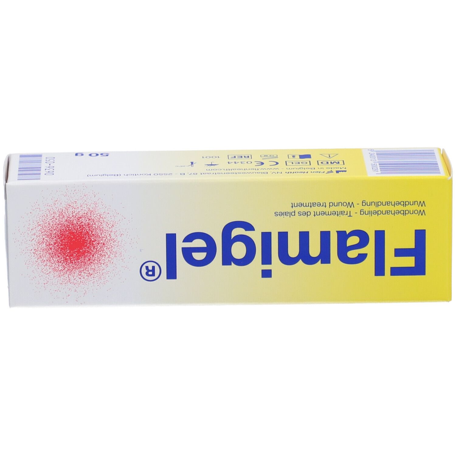 Scatola di Flamigel®. Scatola di gel con logo a punto rosso. 50g.
