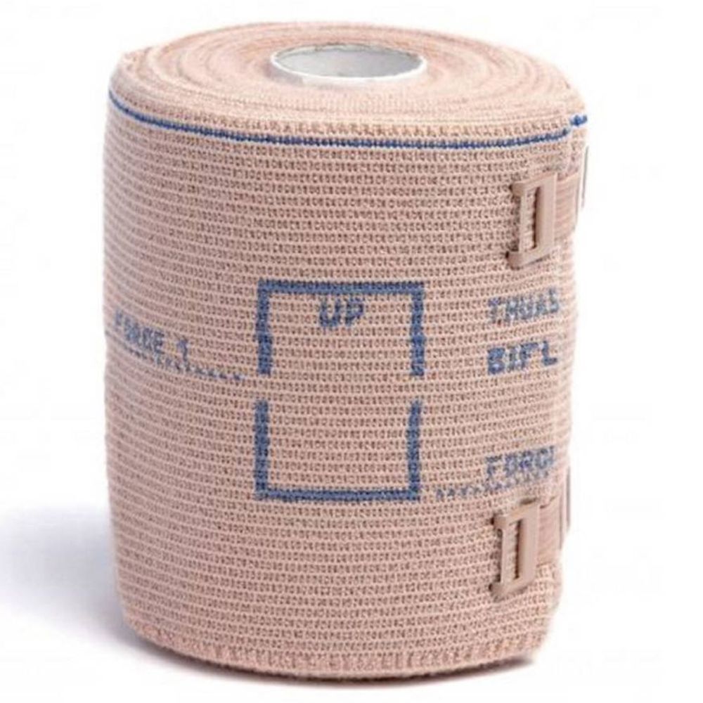 Benda elastica beige arrotolata. Segni blu e chiusure. Scritta "UP".