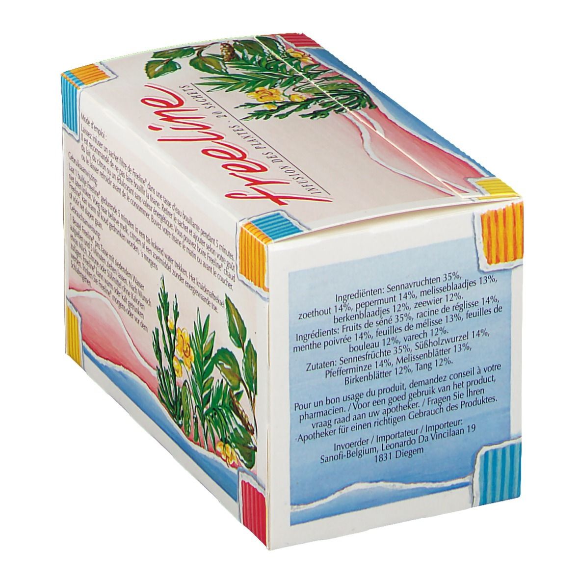 Confezione in cartone "Freeline" con elenco ingredienti. Contiene 20 bustine.