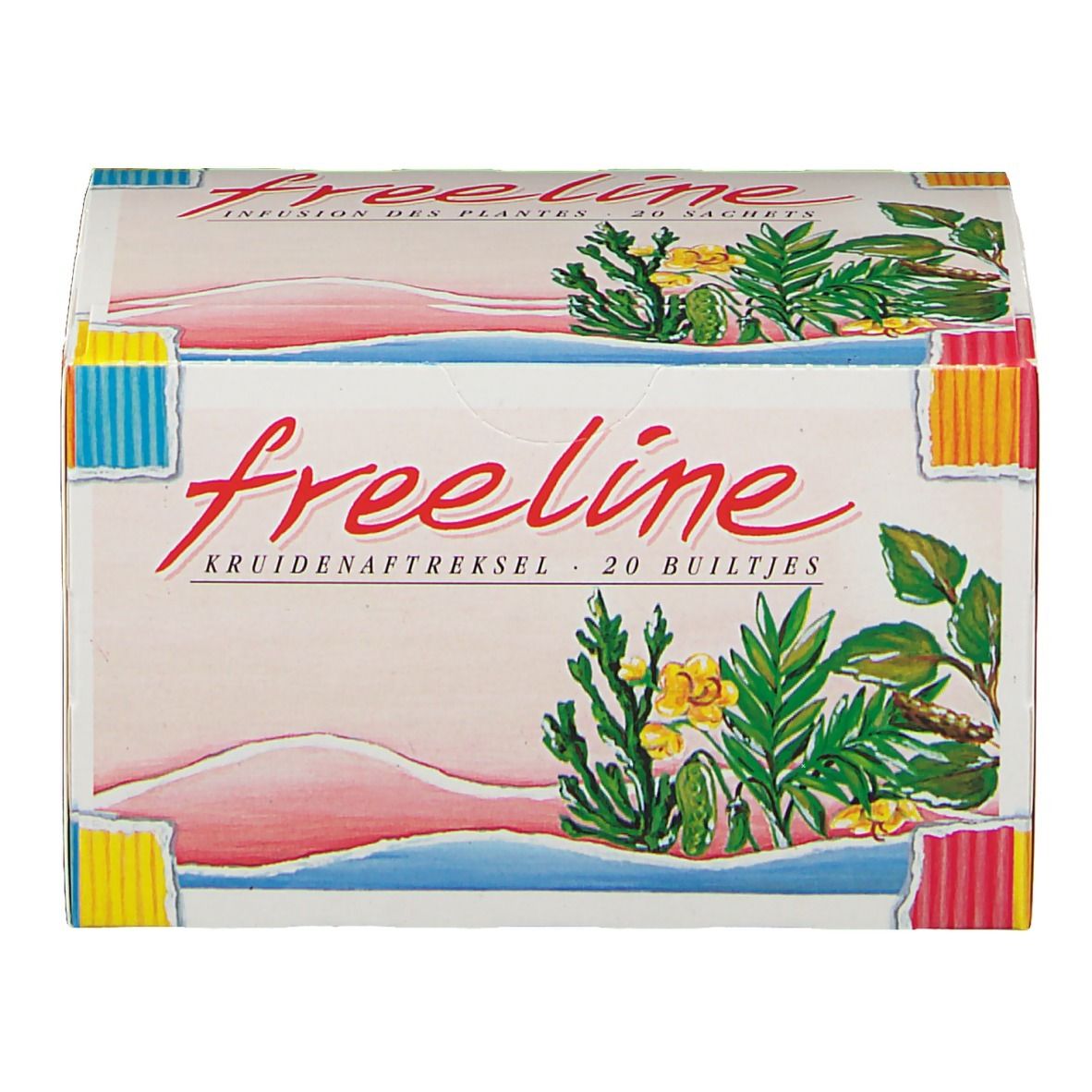 Confezione in cartone "Freeline" con illustrazioni di erbe e 20 bustine.