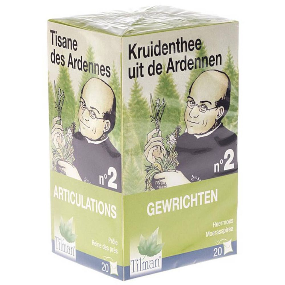 Confezione di tisana. Scritta: Tisane des Ardennes, Articolazioni. Immagine di uomo con erbe. Marchio Tilman.