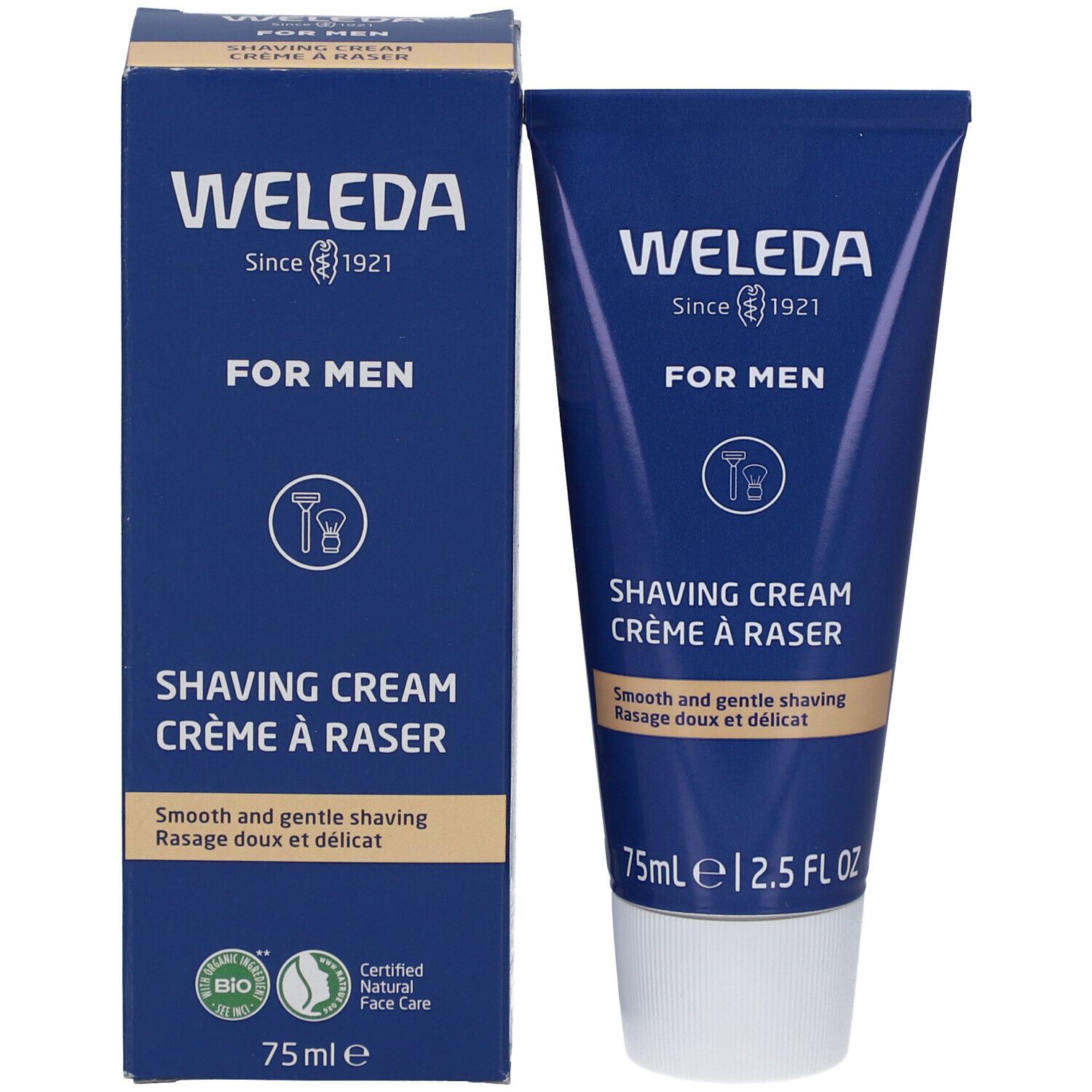 Crema da rasatura Weleda per uomo, tubo e scatola da 75ml. Scritte "For Men" e "Certified Natural Face Care".