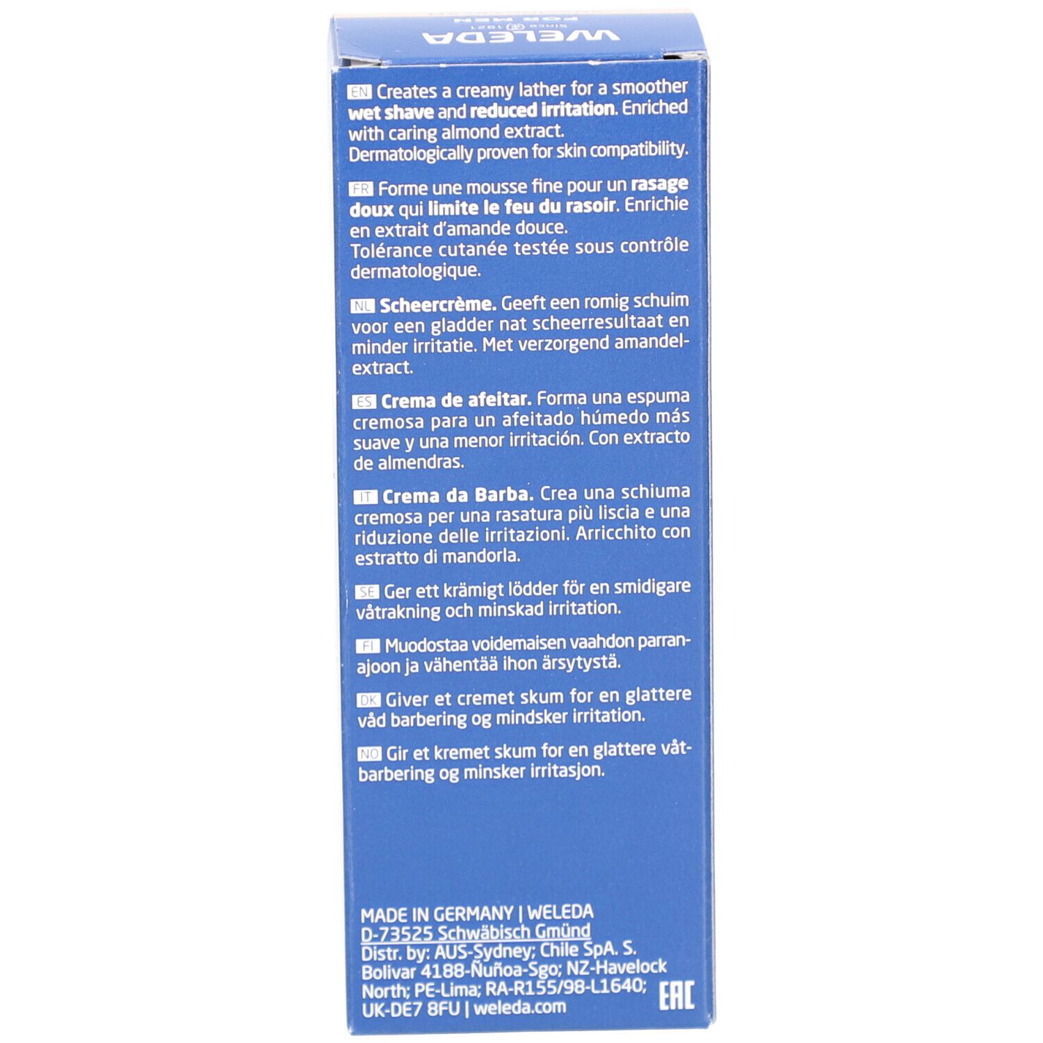 Confezione di crema da barba Weleda con informazioni prodotto multilingue e dati del produttore.