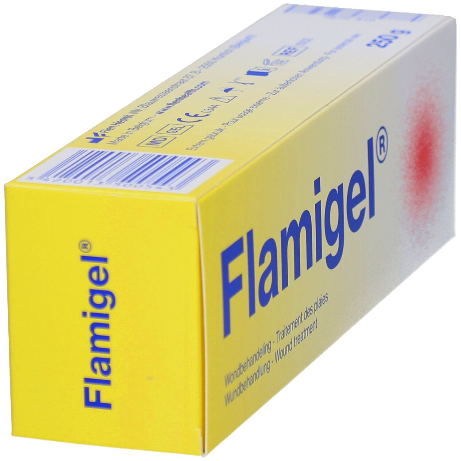 Tubo con Flamigel®. Testo: Facile da applicare, senza profumo, non macchia. Con marchio CE.