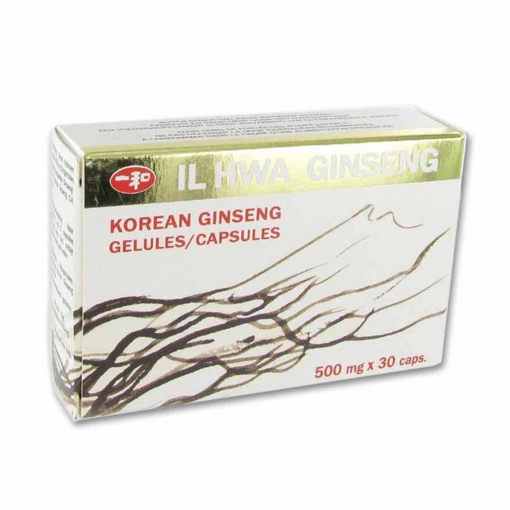Scatola di cartone "IL HWA GINSENG". Contiene capsule. Scritta "Korean Ginseng Gelules/Capsules". 500 mg x 30 capsule.